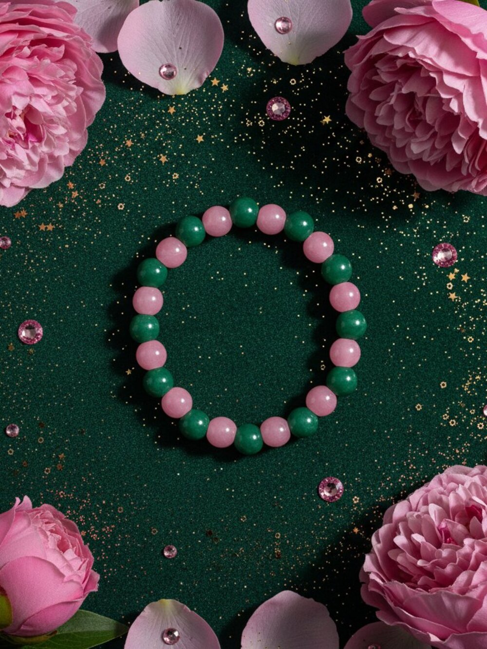 Emerald & Rose Beaded Bracelet | Handmade Green Pink Glass Bead Stretch Bracelet